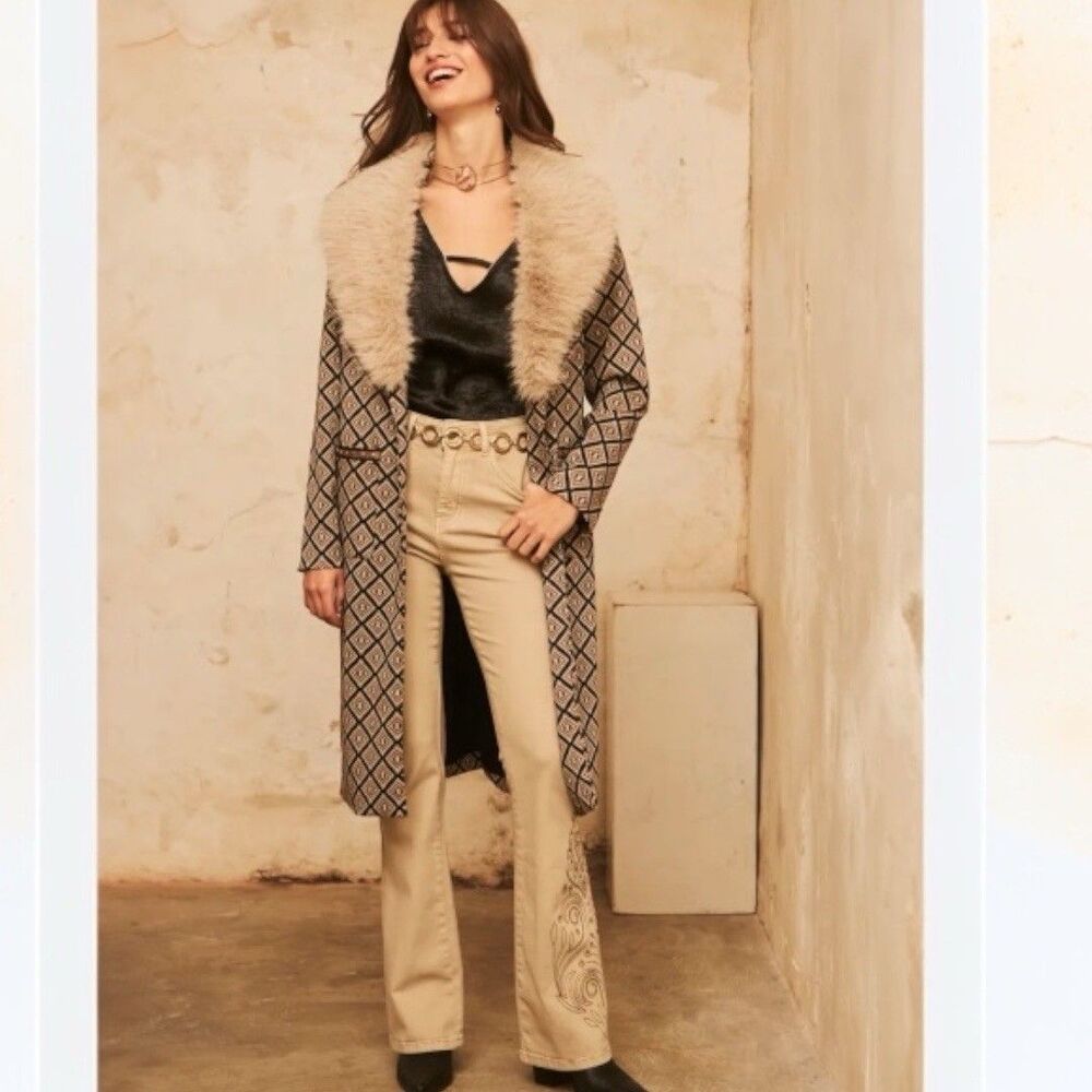 New Nekane NKN Abrigo Jacquard Coat Removable Faux Fur Collar Size S Retail $225